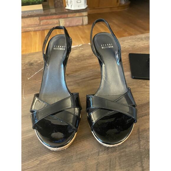 Stuart Weitzman Shoes - Stuart Weitzman Black Patent Leather Open Toe Heel Strap 4” Heels Sz 8